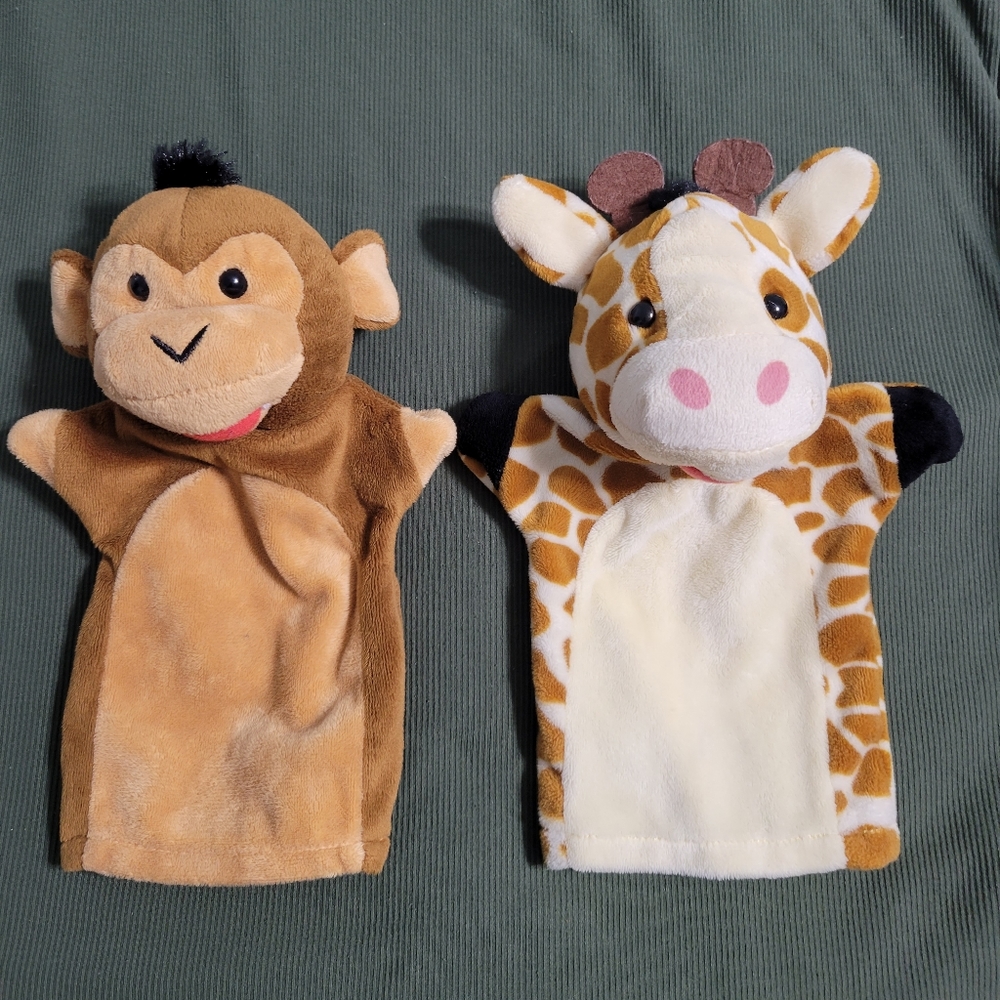 Set of 2 hand puppets, Monkey & Giraffe jungle zoo animal hand puppet